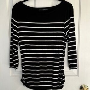 White House Black Market Striped Ruched Side Boatneck Top Black White M